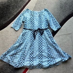 eShakti Light Blue Polka Dot Print Belted MIDI Dress
